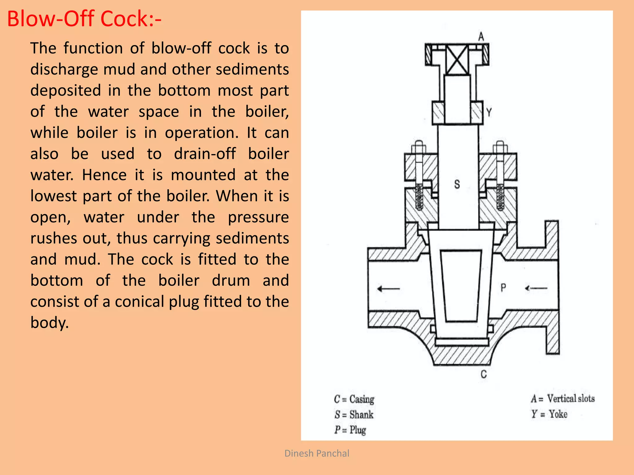 Blow-Off Cock:-
The function of blow-off cock is to
discharge mud and other sediments
deposited in the bottom most part
of the water space in the boiler,
while boiler is in operation. It can
also be used to drain-off boiler
water. Hence it is mounted at the
lowest part of the boiler. When it is
open, water under the pressure
rushes out, thus carrying sediments
and mud. The cock is fitted to the
bottom of the boiler drum and
consist of a conical plug fitted to the
body.
Dinesh Panchal
 