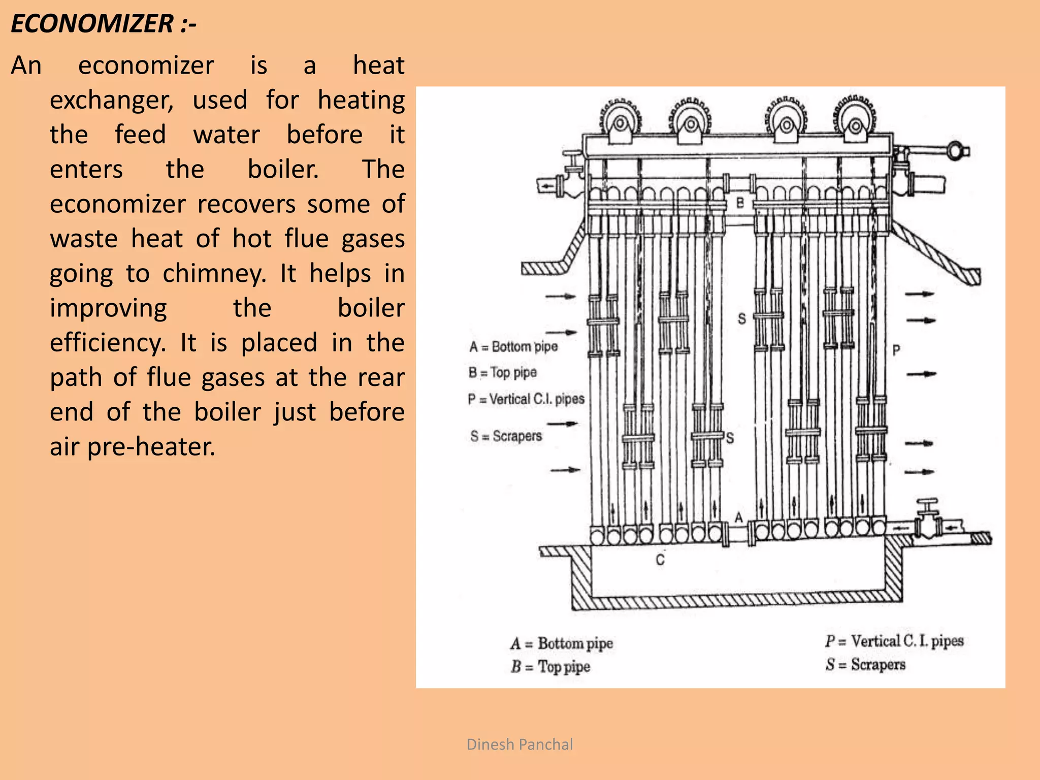 ECONOMIZER :-
An economizer is a heat
exchanger, used for heating
the feed water before it
enters the boiler. The
economizer recovers some of
waste heat of hot flue gases
going to chimney. It helps in
improving the boiler
efficiency. It is placed in the
path of flue gases at the rear
end of the boiler just before
air pre-heater.
Dinesh Panchal
 