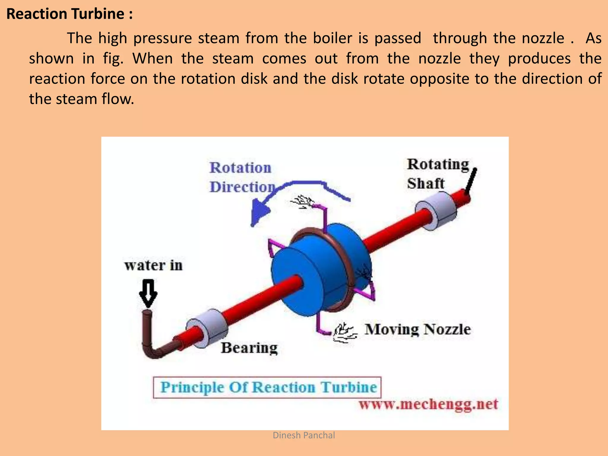Reaction Turbine :
The high pressure steam from the boiler is passed through the nozzle . As
shown in fig. When the steam comes out from the nozzle they produces the
reaction force on the rotation disk and the disk rotate opposite to the direction of
the steam flow.
Dinesh Panchal
 