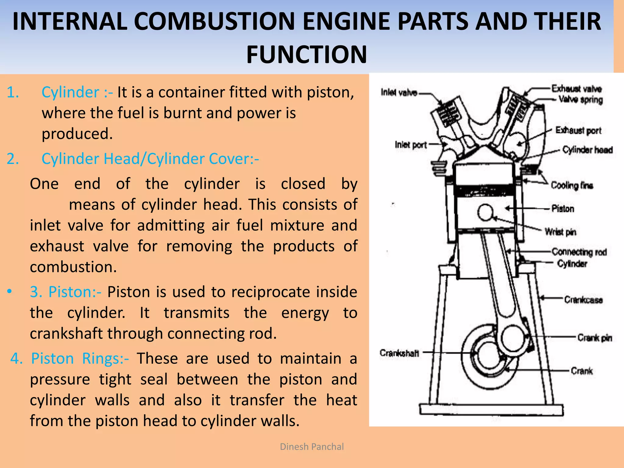 INTERNAL COMBUSTION ENGINE PARTS AND THEIR
FUNCTION
1. Cylinder :- It is a container fitted with piston,
where the fuel is burnt and power is
produced.
2. Cylinder Head/Cylinder Cover:-
One end of the cylinder is closed by
means of cylinder head. This consists of
inlet valve for admitting air fuel mixture and
exhaust valve for removing the products of
combustion.
• 3. Piston:- Piston is used to reciprocate inside
the cylinder. It transmits the energy to
crankshaft through connecting rod.
4. Piston Rings:- These are used to maintain a
pressure tight seal between the piston and
cylinder walls and also it transfer the heat
from the piston head to cylinder walls.
Dinesh Panchal
 