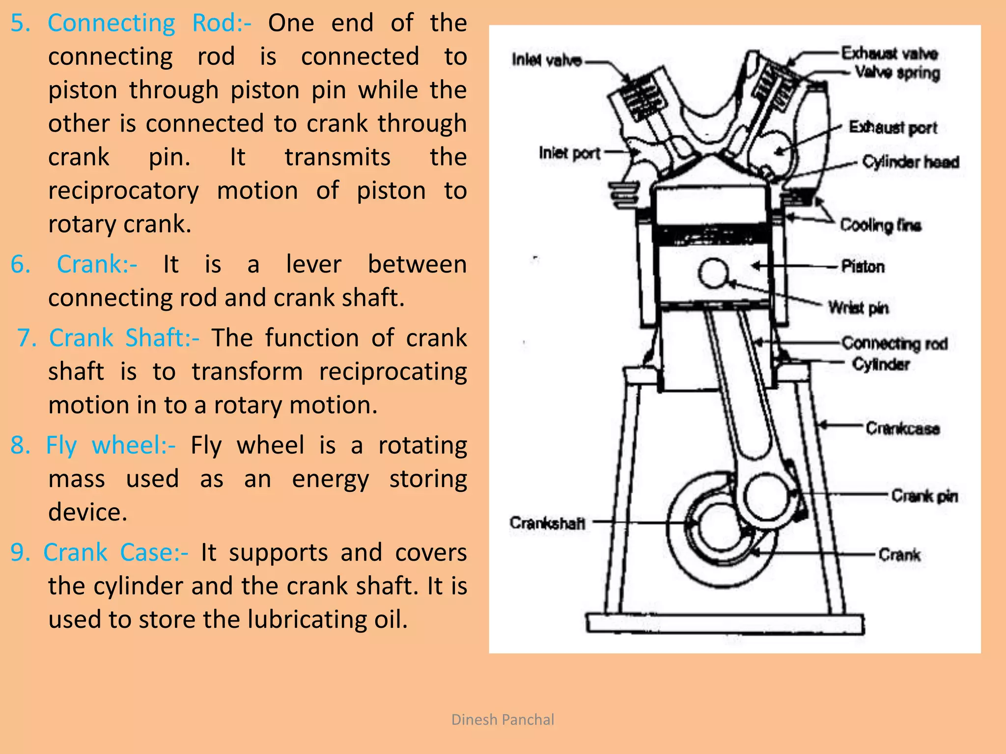5. Connecting Rod:- One end of the
connecting rod is connected to
piston through piston pin while the
other is connected to crank through
crank pin. It transmits the
reciprocatory motion of piston to
rotary crank.
6. Crank:- It is a lever between
connecting rod and crank shaft.
7. Crank Shaft:- The function of crank
shaft is to transform reciprocating
motion in to a rotary motion.
8. Fly wheel:- Fly wheel is a rotating
mass used as an energy storing
device.
9. Crank Case:- It supports and covers
the cylinder and the crank shaft. It is
used to store the lubricating oil.
Dinesh Panchal
 