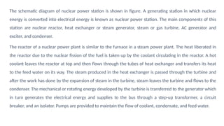 The schematic diagram of nuclear power station is shown in figure. A generating station in which nuclear
energy is converted into electrical energy is known as nuclear power station. The main components of this
station are nuclear reactor, heat exchanger or steam generator, steam or gas turbine, AC generator and
exciter, and condenser.
The reactor of a nuclear power plant is similar to the furnace in a steam power plant. The heat liberated in
the reactor due to the nuclear fission of the fuel is taken up by the coolant circulating in the reactor. A hot
coolant leaves the reactor at top and then flows through the tubes of heat exchanger and transfers its heat
to the feed water on its way. The steam produced in the heat exchanger is passed through the turbine and
after the work has done by the expansion of steam in the turbine, steam leaves the turbine and flows to the
condenser. The mechanical or rotating energy developed by the turbine is transferred to the generator which
in turn generates the electrical energy and supplies to the bus through a step-up transformer, a circuit
breaker, and an isolator. Pumps are provided to maintain the flow of coolant, condensate, and feed water.
 