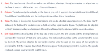 1. Base: The base is made of cast iron and so can withstand vibrations. It may be mounted on a bench or on
the floor. It supports all the other parts of the machine on it.
2. Column: The column stands vertically on the base at one end. It supports the work table and the drill head.
The drill head has drill spindle and the driving motor on either side of the column.
3. Table: The table is mounted on the vertical column and can be adjusted up and down on it. The table has ‘T’-
slots on it for holding the workpieces or to hold any other work holding device. The table can be adjusted
vertically to accommodate workpieces of different heights and can be clamped at the required position.
4. Drill head: Drill head is mounted on the top side of the column. The drill spindle and the driving motor are
connected by means of a V-belt and cone pulleys. The motion is transmitted to the spindle from the motor
by the belt. The pinion attached to the handle meshes with the rack on the sleeve of the spindle for
providing the drill the required down feed. There is no power feed arrangement in this machine. The spindle
rotates at a speed ranging from 50 to 2000 r.p.m.
 