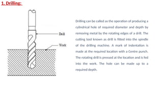 1. Drilling:
Drilling can be called as the operation of producing a
cylindrical hole of required diameter and depth by
removing metal by the rotating edges of a drill. The
cutting tool known as drill is fitted into the spindle
of the drilling machine. A mark of indentation is
made at the required location with a Centre punch.
The rotating drill is pressed at the location and is fed
into the work. The hole can be made up to a
required depth.
 