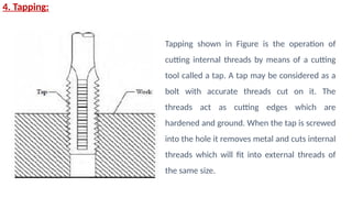 4. Tapping:
Tapping shown in Figure is the operation of
cutting internal threads by means of a cutting
tool called a tap. A tap may be considered as a
bolt with accurate threads cut on it. The
threads act as cutting edges which are
hardened and ground. When the tap is screwed
into the hole it removes metal and cuts internal
threads which will fit into external threads of
the same size.
 