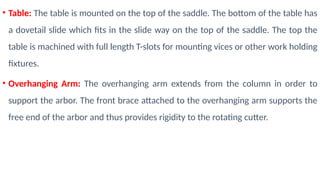 • Table: The table is mounted on the top of the saddle. The bottom of the table has
a dovetail slide which fits in the slide way on the top of the saddle. The top the
table is machined with full length T-slots for mounting vices or other work holding
fixtures.
• Overhanging Arm: The overhanging arm extends from the column in order to
support the arbor. The front brace attached to the overhanging arm supports the
free end of the arbor and thus provides rigidity to the rotating cutter.
 
