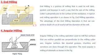 3. End Milling
4. Angular Milling
End Milling is a process of milling that is used to mill slots,
pockets and keyways in such a way that the axis of the milling
cutter is perpendicular to the surface of the workpiece. A typical
end milling operation is as shown in Fig. End Milling operation.
The advantage of the End Milling Operation is that we can
achieve depth of cut of nearly half the diameter of the mill.
Angular Milling is the milling operation used to mill flat surfaces
that are neither parallel nor perpendicular to the milling cutter
axis. Angular surfaces like dovetail grooves, chamfers and
serrations are done through this operation. The most popular is
milling of dovetails as shown in the Fig
 