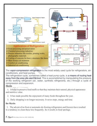 K Rajesh MTech (Mech), MTech (Cse), PGDE, PGDIPR (PhD)
The vapor-compression refrigeration is the most widely used cycle for refrigerators, air-
conditioners, and heat pumps.
The refrigeration cycle, sometimes called a heat pump cycle, is a means of routing heat
away from the area you want to cool. This is accomplished by manipulating the pressure
of the working refrigerant (air, water, synthetic refrigerants, etc.) through a cycle of
compression and expansion.
Merits
1. It helps to preserve food stuffs so that they maintain their natural, physical appearance
and nutritive value.
2. It has made possible the enjoyment of many foods throughout the year.
3. Daily shopping is no longer necessary. It saves steps, energy and time.
De-Merits
1. The advent of no frost or automatic de-frosting refrigerators and freezers have resulted
in a tendency to clean these less frequently. So it results in food spoilage.
 