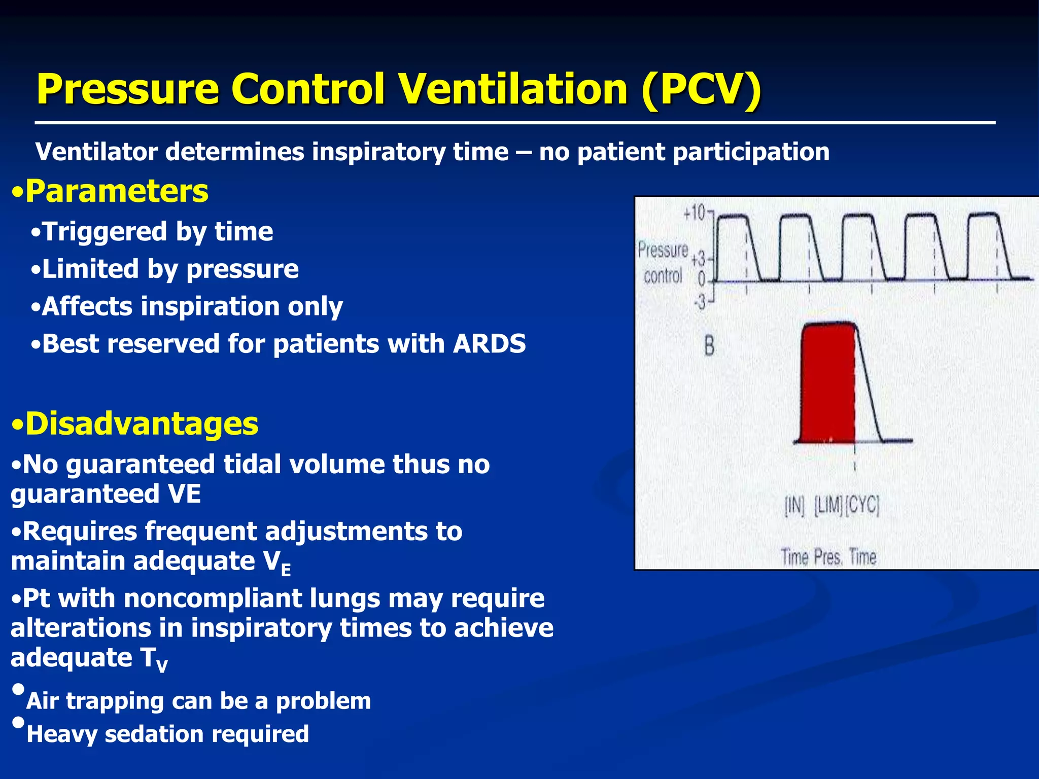 Pressure Control Ventilation (PCV)
Ventilator determines inspiratory time – no patient participation
•Parameters
•Triggered by time
•Limited by pressure
•Affects inspiration only
•Best reserved for patients with ARDS
•Disadvantages
•No guaranteed tidal volume thus no
guaranteed VE
•Requires frequent adjustments to
maintain adequate VE
•Pt with noncompliant lungs may require
alterations in inspiratory times to achieve
adequate TV
•Air trapping can be a problem
•Heavy sedation required
 
