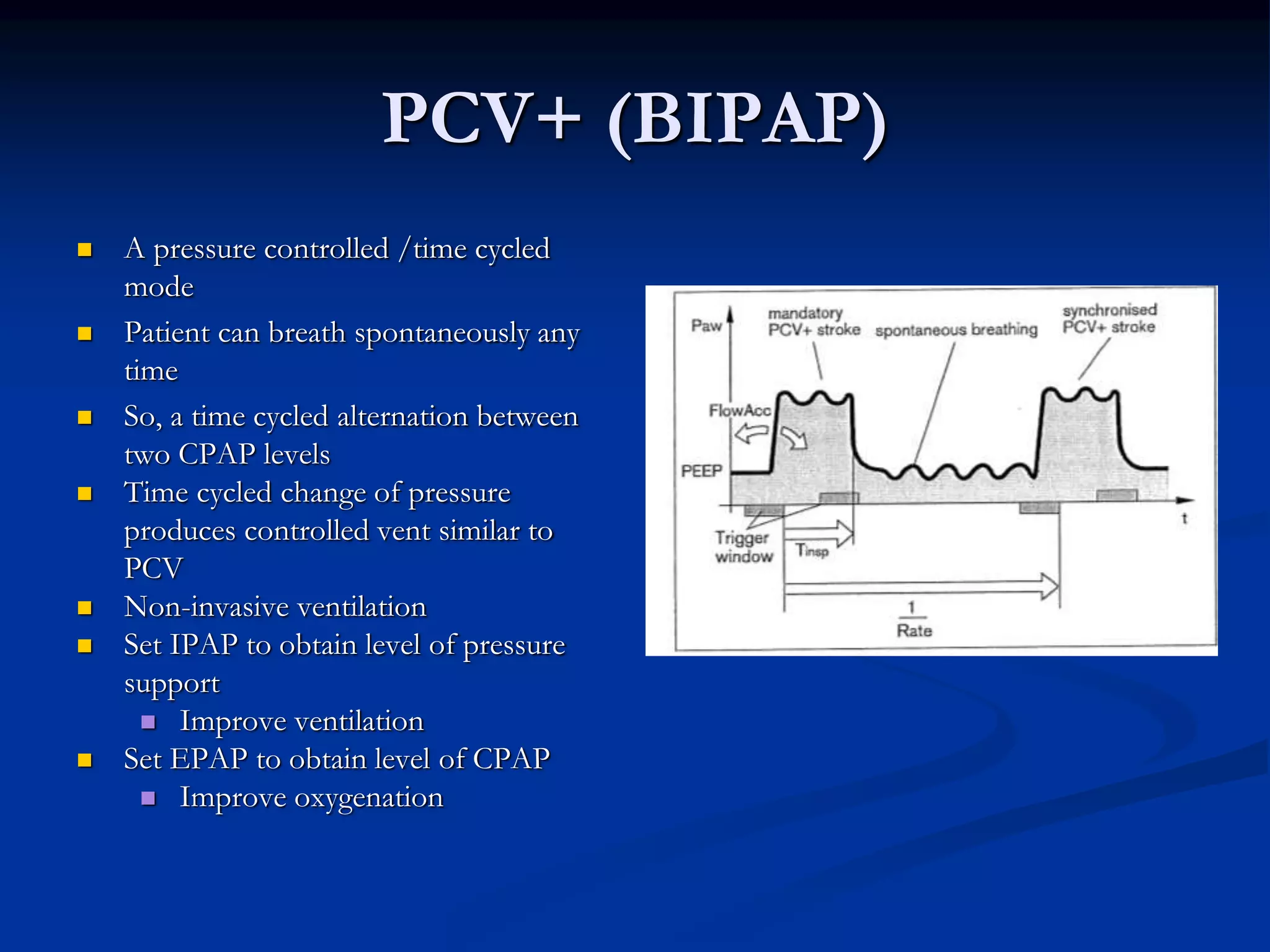 PCV+ (BIPAP)
 A pressure controlled /time cycled
mode
 Patient can breath spontaneously any
time
 So, a time cycled alternation between
two CPAP levels
 Time cycled change of pressure
produces controlled vent similar to
PCV
 Non-invasive ventilation
 Set IPAP to obtain level of pressure
support
 Improve ventilation
 Set EPAP to obtain level of CPAP
 Improve oxygenation
 