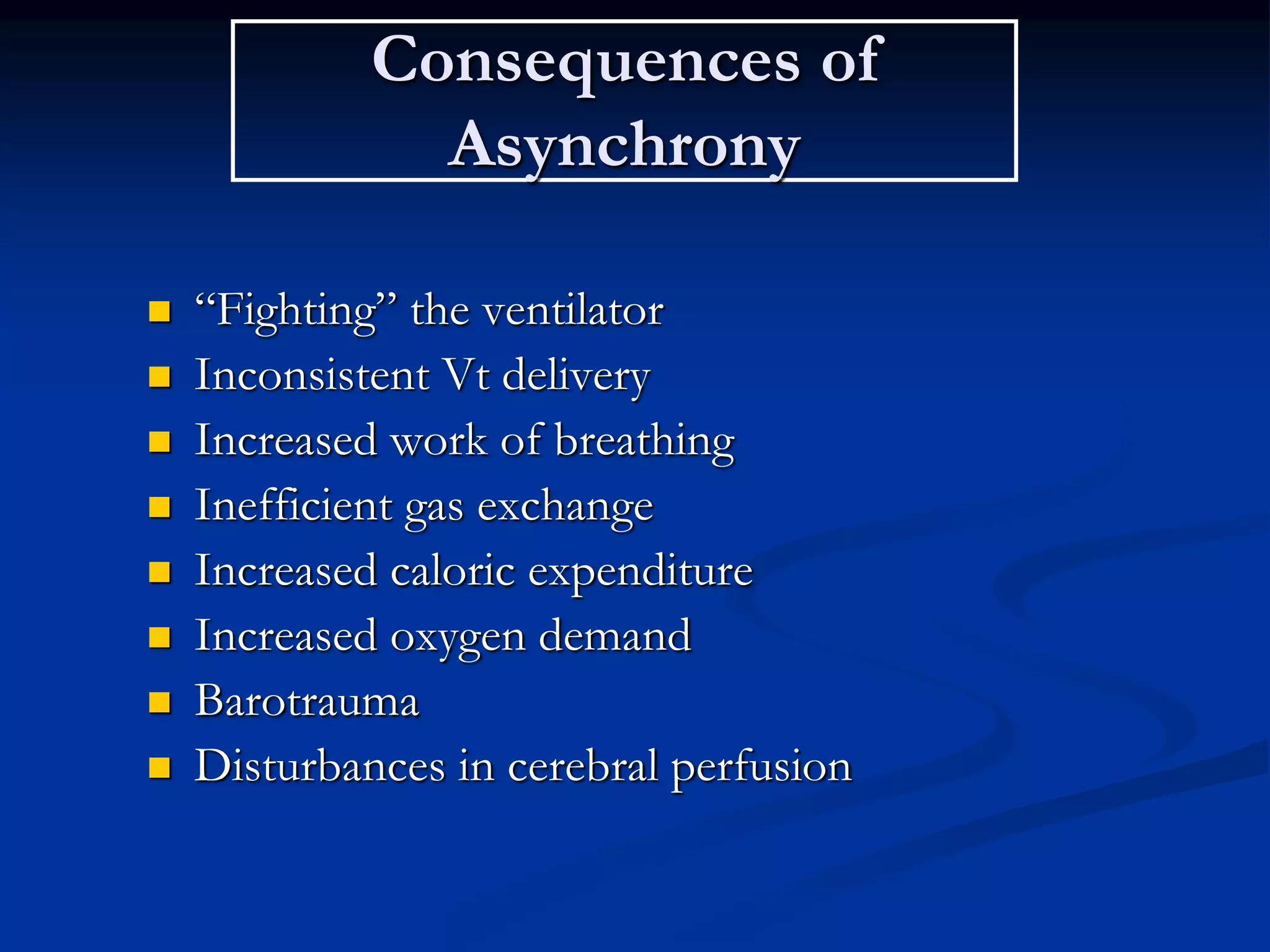 Consequences of
Asynchrony
 “Fighting” the ventilator
 Inconsistent Vt delivery
 Increased work of breathing
 Inefficient gas exchange
 Increased caloric expenditure
 Increased oxygen demand
 Barotrauma
 Disturbances in cerebral perfusion
 