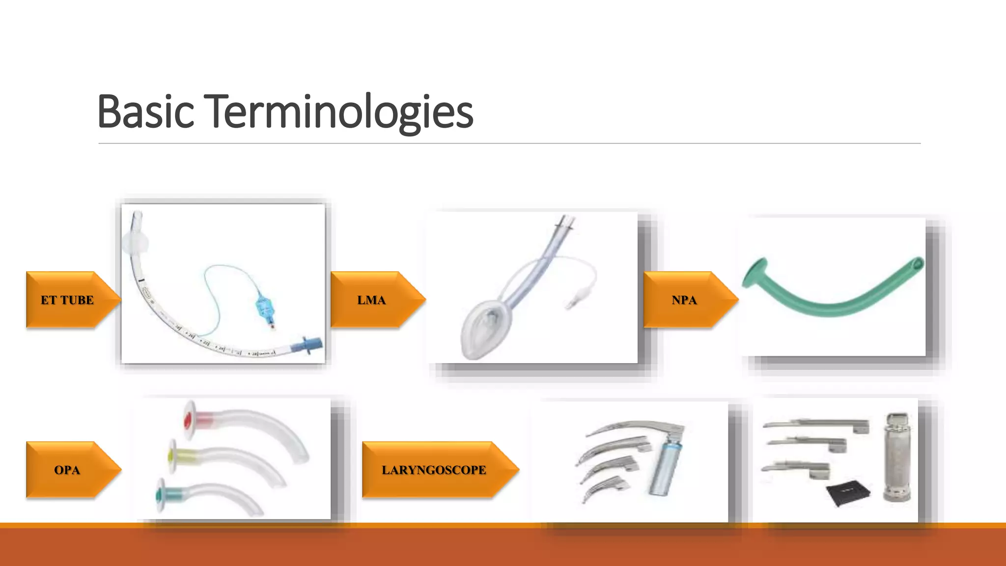 Basic Terminologies
ET TUBE LMA NPA
OPA LARYNGOSCOPE
 