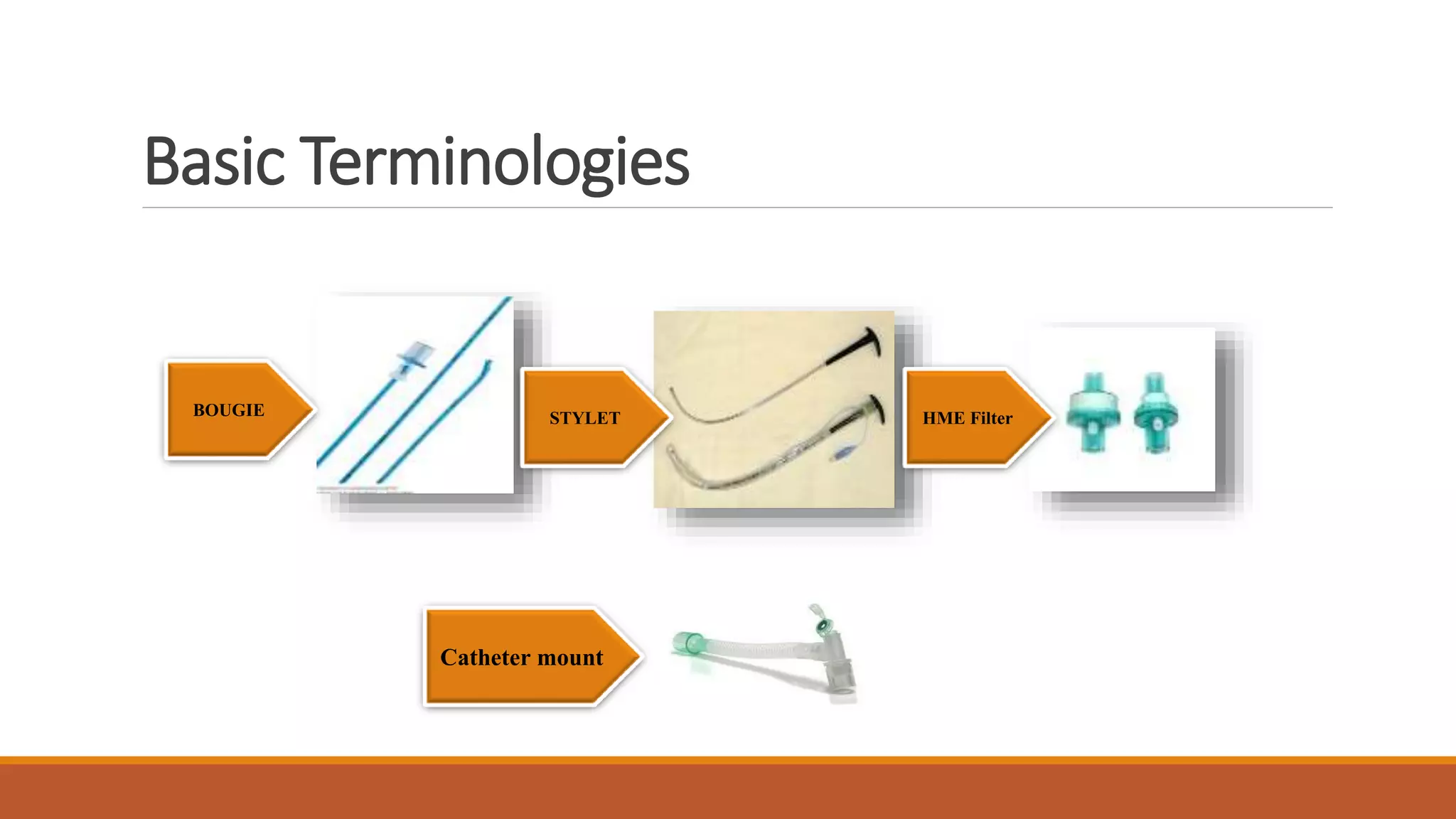 Basic Terminologies
BOUGIE HME FilterSTYLET
Catheter mount
 