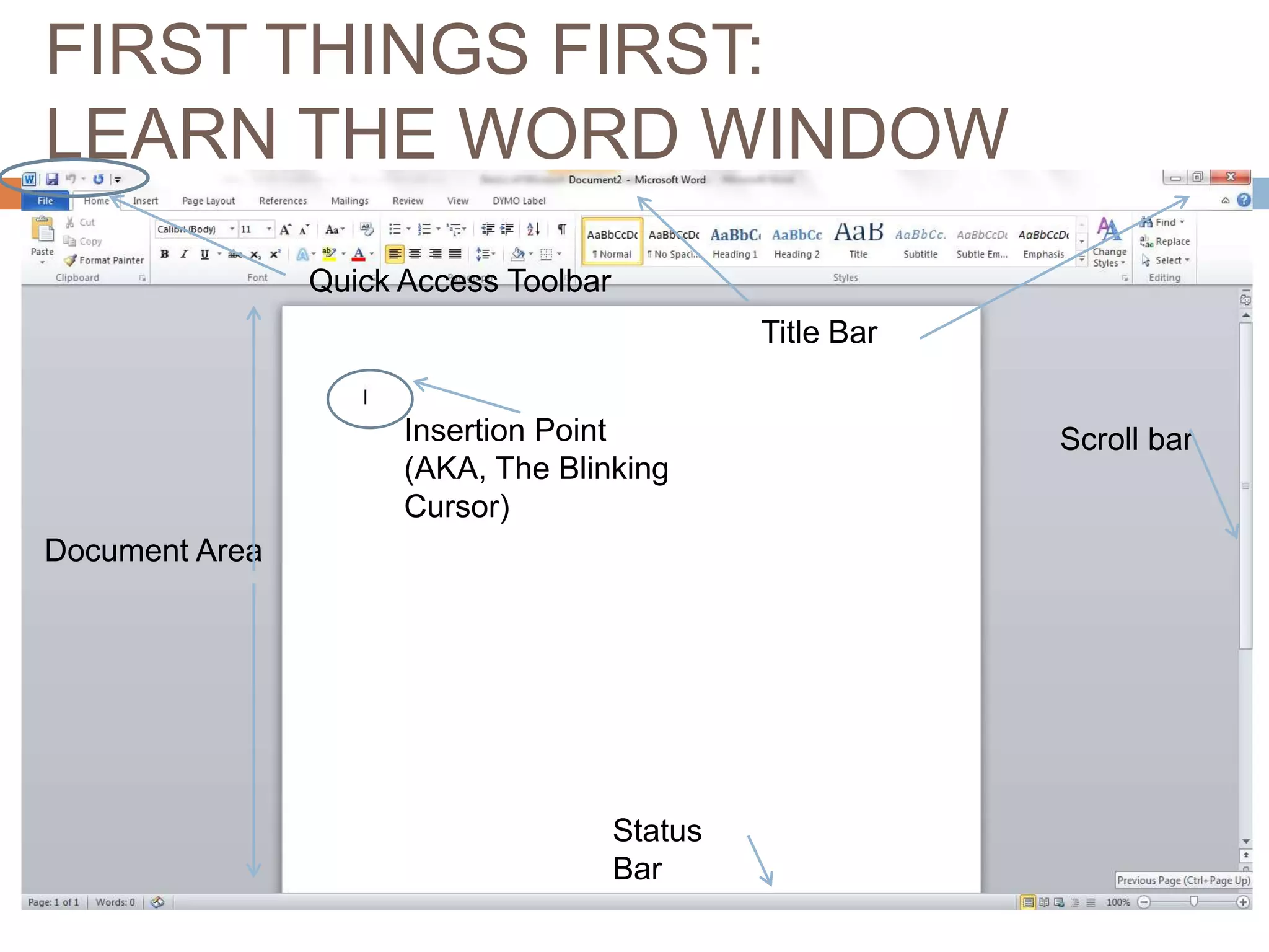 FIRST THINGS FIRST:
LEARN THE WORD WINDOW
Quick Access Toolbar
Title Bar
Insertion Point
(AKA, The Blinking
Cursor)
Document Area

Status
Bar

Scroll bar

 