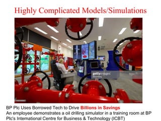 Highly Complicated Models/Simulations
BP Plc Uses Borrowed Tech to Drive Billions in Savings
An employee demonstrates a oil drilling simulator in a training room at BP
Plc's International Centre for Business & Technology (ICBT)
 