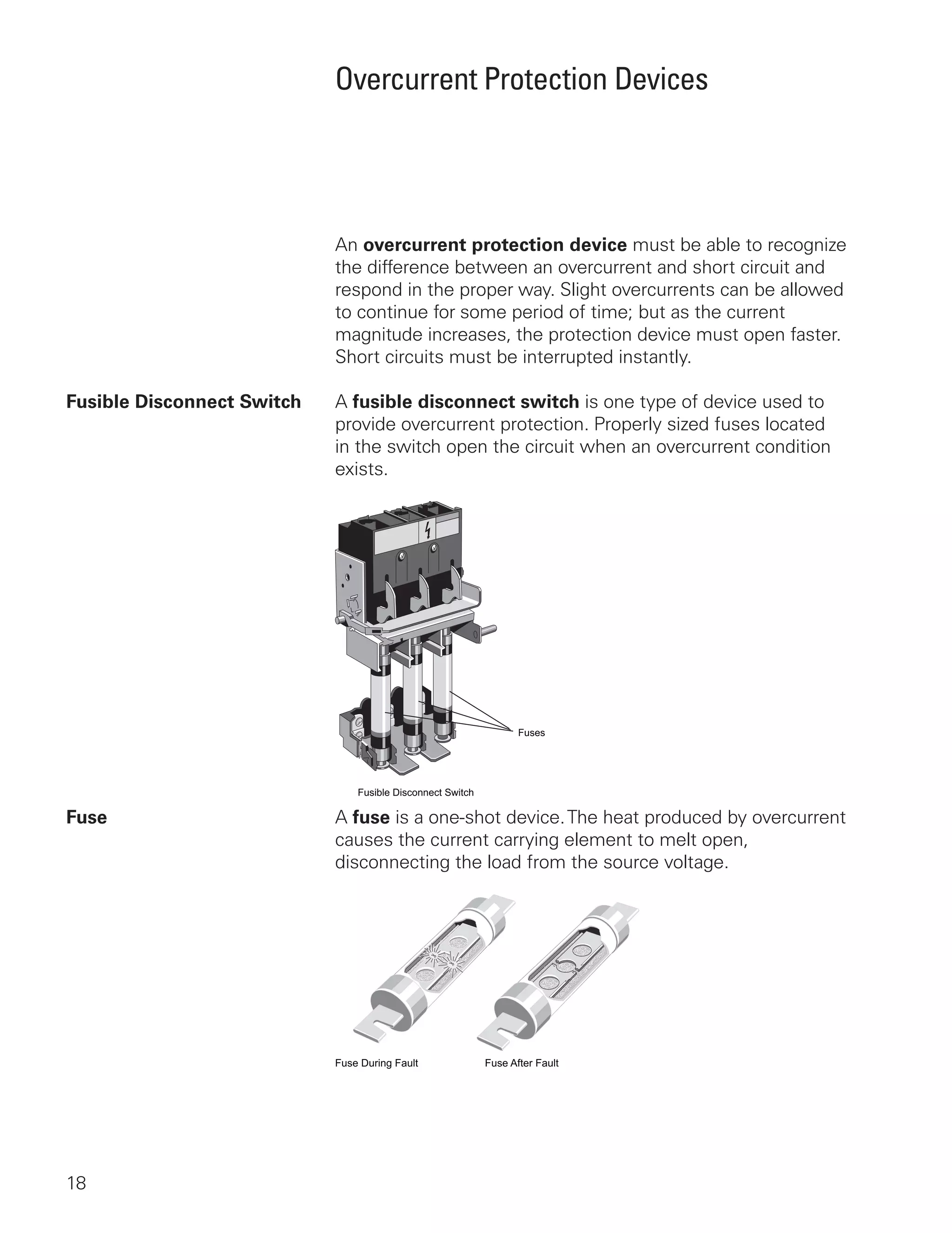18
Overcurrent Protection Devices
An overcurrent protection device must be able to recognize
the difference between an overcurrent and short circuit and
respond in the proper way. Slight overcurrents can be allowed
to continue for some period of time; but as the current
magnitude increases, the protection device must open faster.
Short circuits must be interrupted instantly.
Fusible Disconnect Switch	 A fusible disconnect switch is one type of device used to
provide overcurrent protection. Properly sized fuses located
in the switch open the circuit when an overcurrent condition
exists.
Fusible Disconnect Switch
Fuses
Fuse	 A fuse is a one-shot device.The heat produced by overcurrent
causes the current carrying element to melt open,
disconnecting the load from the source voltage.
Fuse During Fault Fuse After Fault
 
