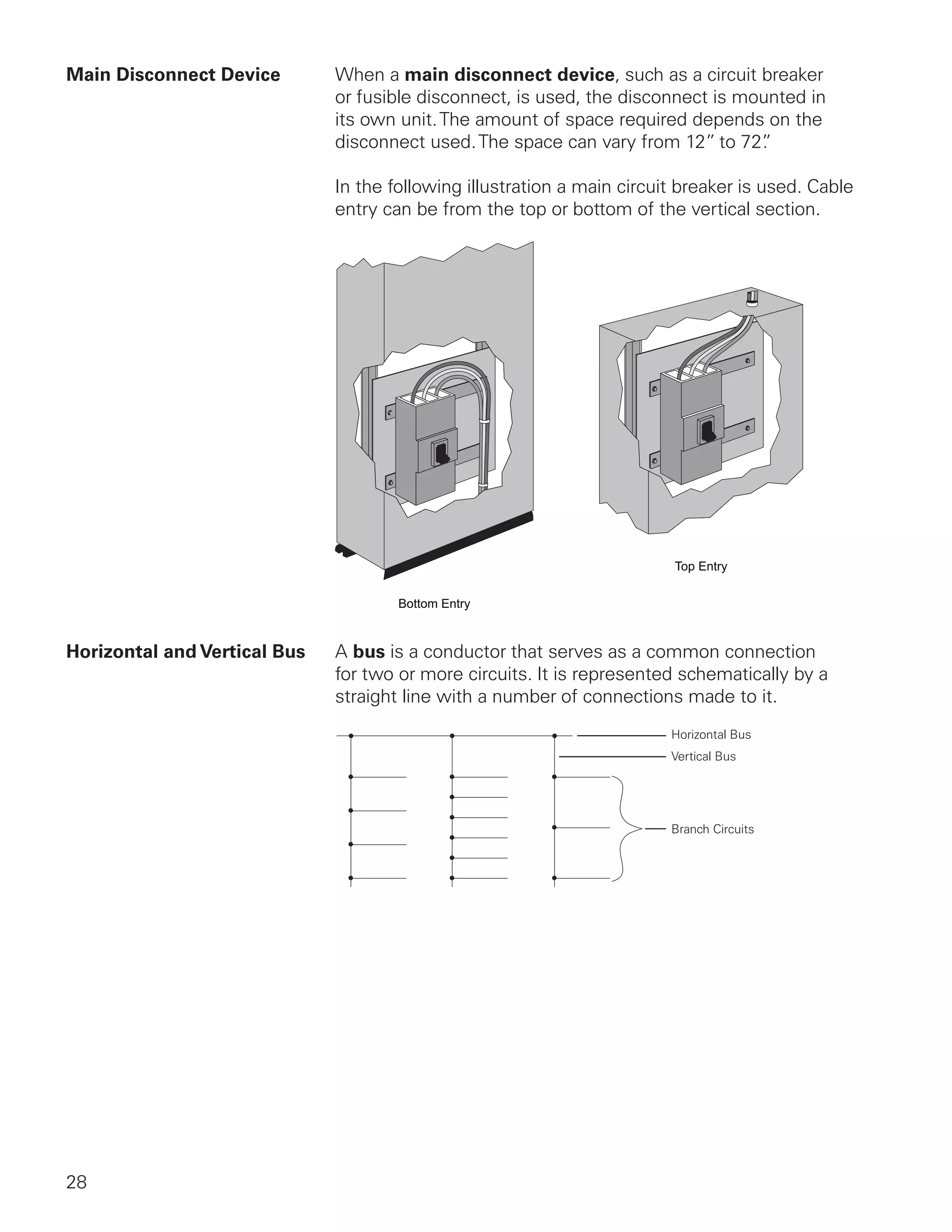 28
Main Disconnect Device	 When a main disconnect device, such as a circuit breaker
or fusible disconnect, is used, the disconnect is mounted in
its own unit.The amount of space required depends on the
disconnect used.The space can vary from 12” to 72”.
In the following illustration a main circuit breaker is used. Cable
entry can be from the top or bottom of the vertical section.
Bottom Entry
Top Entry
Horizontal and Vertical Bus	 A bus is a conductor that serves as a common connection
for two or more circuits. It is represented schematically by a
straight line with a number of connections made to it.
 