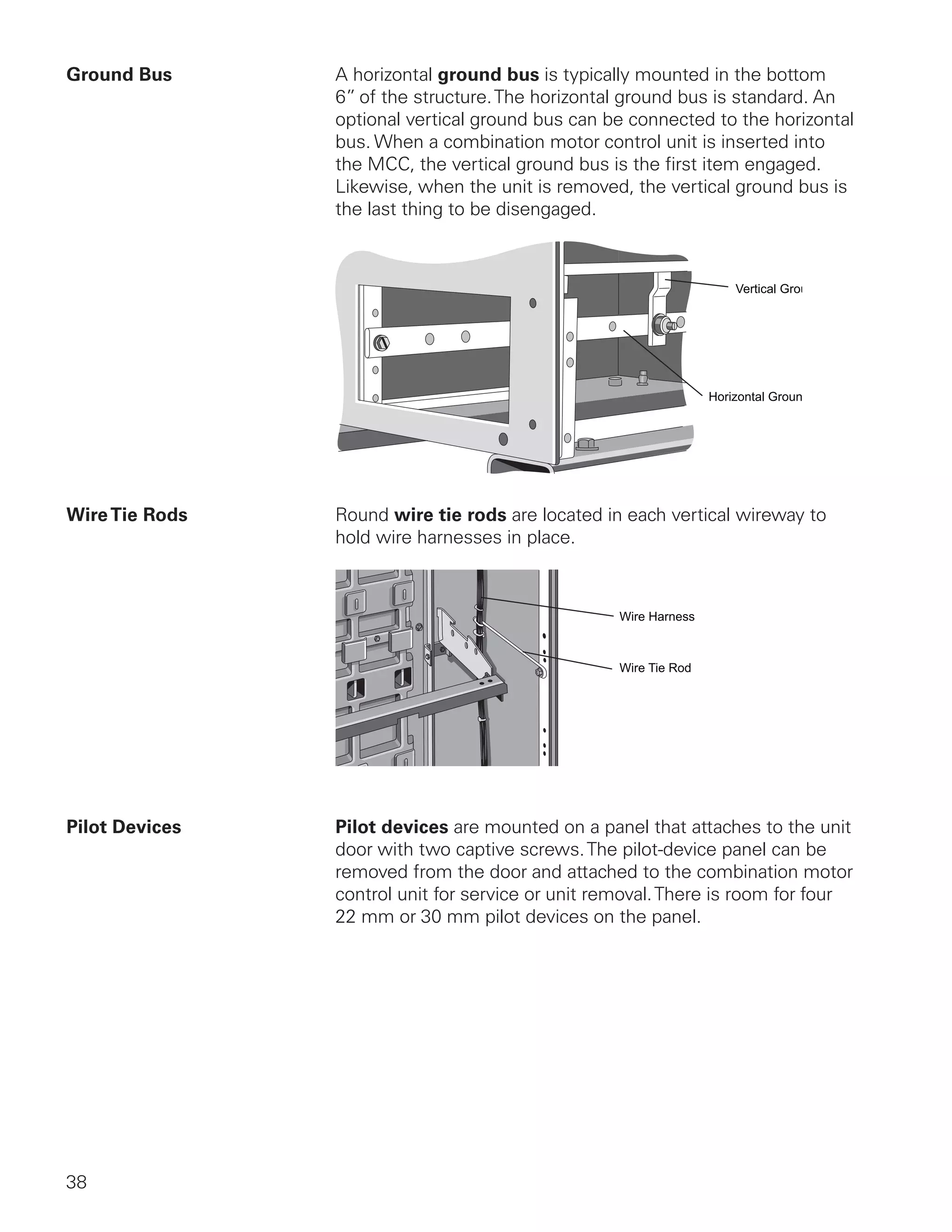 38
Ground Bus	 A horizontal ground bus is typically mounted in the bottom
6” of the structure.The horizontal ground bus is standard. An
optional vertical ground bus can be connected to the horizontal
bus. When a combination motor control unit is inserted into
the MCC, the vertical ground bus is the first item engaged.
Likewise, when the unit is removed, the vertical ground bus is
the last thing to be disengaged.
Vertical Ground Bus
Horizontal Ground Bus
WireTie Rods	 Round wire tie rods are located in each vertical wireway to
hold wire harnesses in place.
Wire Harness
Wire Tie Rod
Pilot Devices	 Pilot devices are mounted on a panel that attaches to the unit
door with two captive screws.The pilot-device panel can be
removed from the door and attached to the combination motor
control unit for service or unit removal.There is room for four
22 mm or 30 mm pilot devices on the panel.
 