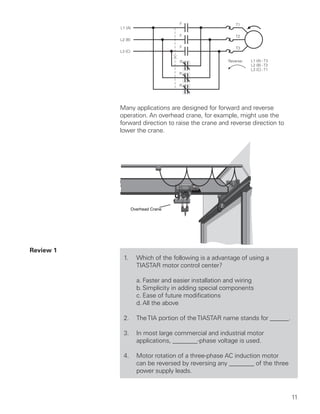 11
Many applications are designed for forward and reverse
operation. An overhead crane, for example, might use the
forward direction to raise the crane and reverse direction to
lower the crane.
Overhead Crane
Review 1	
1.	 Which of the following is a advantage of using a
TIASTAR motor control center?
	 a.	Faster and easier installation and wiring
	 b.	Simplicity in adding special components
	 c.	Ease of future modifications
	 d.	All the above
2.	 TheTIA portion of theTIASTAR name stands for ______.
3.	 In most large commercial and industrial motor
applications, ________-phase voltage is used.
4.	 Motor rotation of a three-phase AC induction motor
can be reversed by reversing any ________ of the three
power supply leads.
 