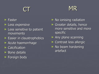 MR Faster Less expensive Less sensitive to patient movements Easier in claustrophobics Acute haemorrhage Calcification Bone details Foreign body No ionising radiation Greater details, hence more sensitive and more specific Any plane scanning Contrast less allergic No beam hardening artefact CT 