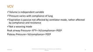 VCV
Volume is independent variable
Pressure varies with compliance of lung
Expiration is passive not affected by ventilator mode, rather affected
by compliance and resistance
Not a weaning mode
Peak airway Pressure= R*F+ Vt/compliance+ PEEP
Plateau Pressure= Vt/compliance+ PEEP
5/28/2021
Department of Anesthesiology and intensive care, Dadeldhura
Hospital
35
 
