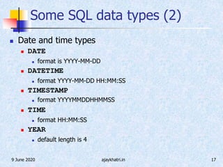 9 June 2020 ajaykhatri.in 17
Some SQL data types (2)
 Date and time types
 DATE
 format is YYYY-MM-DD
 DATETIME
 format YYYY-MM-DD HH:MM:SS
 TIMESTAMP
 format YYYYMMDDHHMMSS
 TIME
 format HH:MM:SS
 YEAR
 default length is 4
 