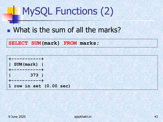 9 June 2020 ajaykhatri.in 43
MySQL Functions (2)
 What is the sum of all the marks?
SELECT SUM(mark) FROM marks;
+-----------+
| SUM(mark) |
+-----------+
| 373 |
+-----------+
1 row in set (0.00 sec)
 