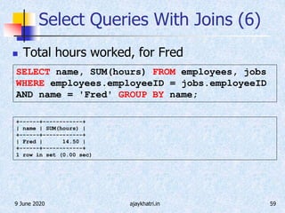 9 June 2020 ajaykhatri.in 59
Select Queries With Joins (6)
 Total hours worked, for Fred
+------+------------+
| name | SUM(hours) |
+------+------------+
| Fred | 14.50 |
+------+------------+
1 row in set (0.00 sec)
SELECT name, SUM(hours) FROM employees, jobs
WHERE employees.employeeID = jobs.employeeID
AND name = 'Fred' GROUP BY name;
 
