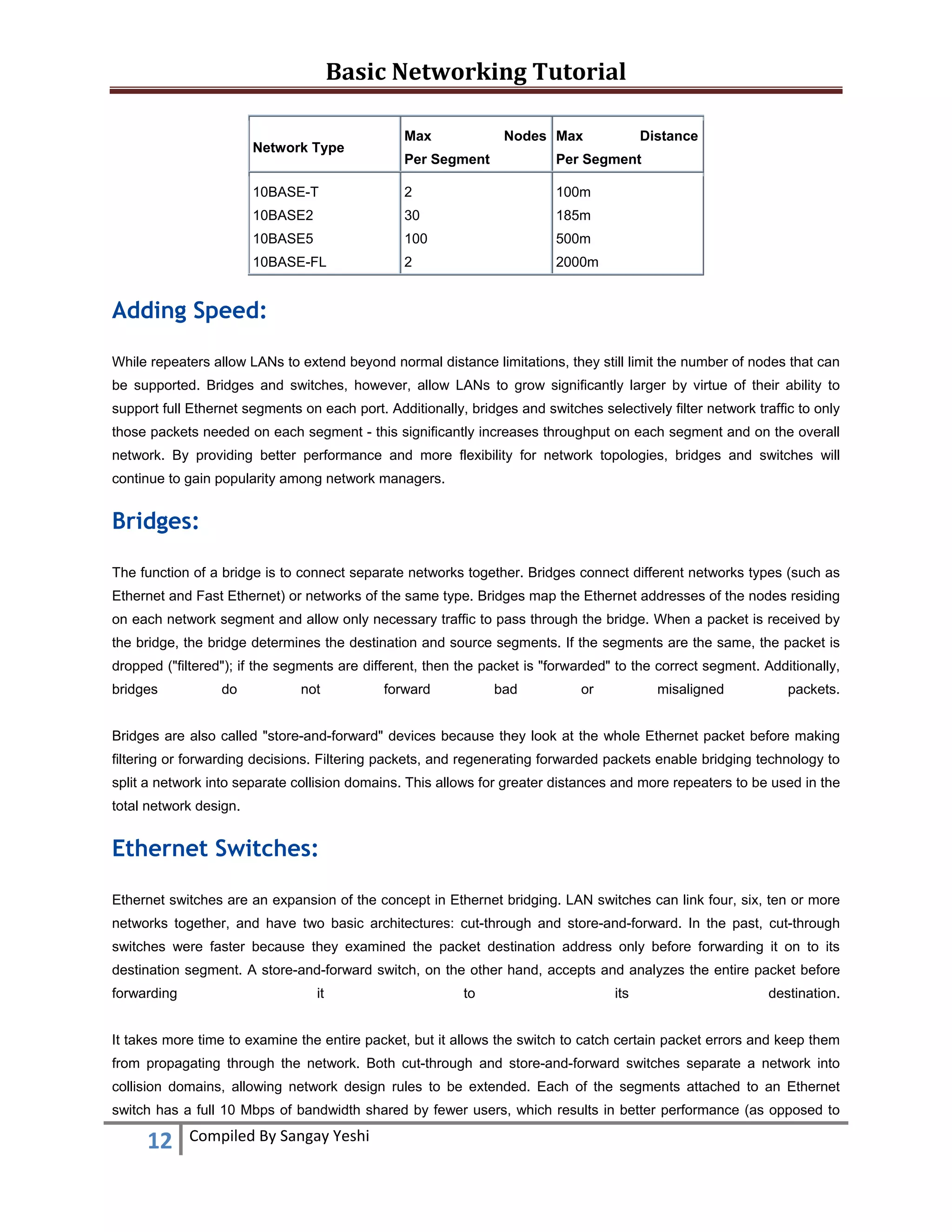 Basic Networking Tutorial 
 
12  Compiled By Sangay Yeshi 
 
Network Type
Max Nodes
Per Segment
Max Distance
Per Segment
10BASE-T
10BASE2
10BASE5
10BASE-FL
2
30
100
2
100m
185m
500m
2000m
Adding Speed:
While repeaters allow LANs to extend beyond normal distance limitations, they still limit the number of nodes that can
be supported. Bridges and switches, however, allow LANs to grow significantly larger by virtue of their ability to
support full Ethernet segments on each port. Additionally, bridges and switches selectively filter network traffic to only
those packets needed on each segment - this significantly increases throughput on each segment and on the overall
network. By providing better performance and more flexibility for network topologies, bridges and switches will
continue to gain popularity among network managers.
Bridges:
The function of a bridge is to connect separate networks together. Bridges connect different networks types (such as
Ethernet and Fast Ethernet) or networks of the same type. Bridges map the Ethernet addresses of the nodes residing
on each network segment and allow only necessary traffic to pass through the bridge. When a packet is received by
the bridge, the bridge determines the destination and source segments. If the segments are the same, the packet is
dropped ("filtered"); if the segments are different, then the packet is "forwarded" to the correct segment. Additionally,
bridges do not forward bad or misaligned packets.
Bridges are also called "store-and-forward" devices because they look at the whole Ethernet packet before making
filtering or forwarding decisions. Filtering packets, and regenerating forwarded packets enable bridging technology to
split a network into separate collision domains. This allows for greater distances and more repeaters to be used in the
total network design.
Ethernet Switches:
Ethernet switches are an expansion of the concept in Ethernet bridging. LAN switches can link four, six, ten or more
networks together, and have two basic architectures: cut-through and store-and-forward. In the past, cut-through
switches were faster because they examined the packet destination address only before forwarding it on to its
destination segment. A store-and-forward switch, on the other hand, accepts and analyzes the entire packet before
forwarding it to its destination.
It takes more time to examine the entire packet, but it allows the switch to catch certain packet errors and keep them
from propagating through the network. Both cut-through and store-and-forward switches separate a network into
collision domains, allowing network design rules to be extended. Each of the segments attached to an Ethernet
switch has a full 10 Mbps of bandwidth shared by fewer users, which results in better performance (as opposed to
 