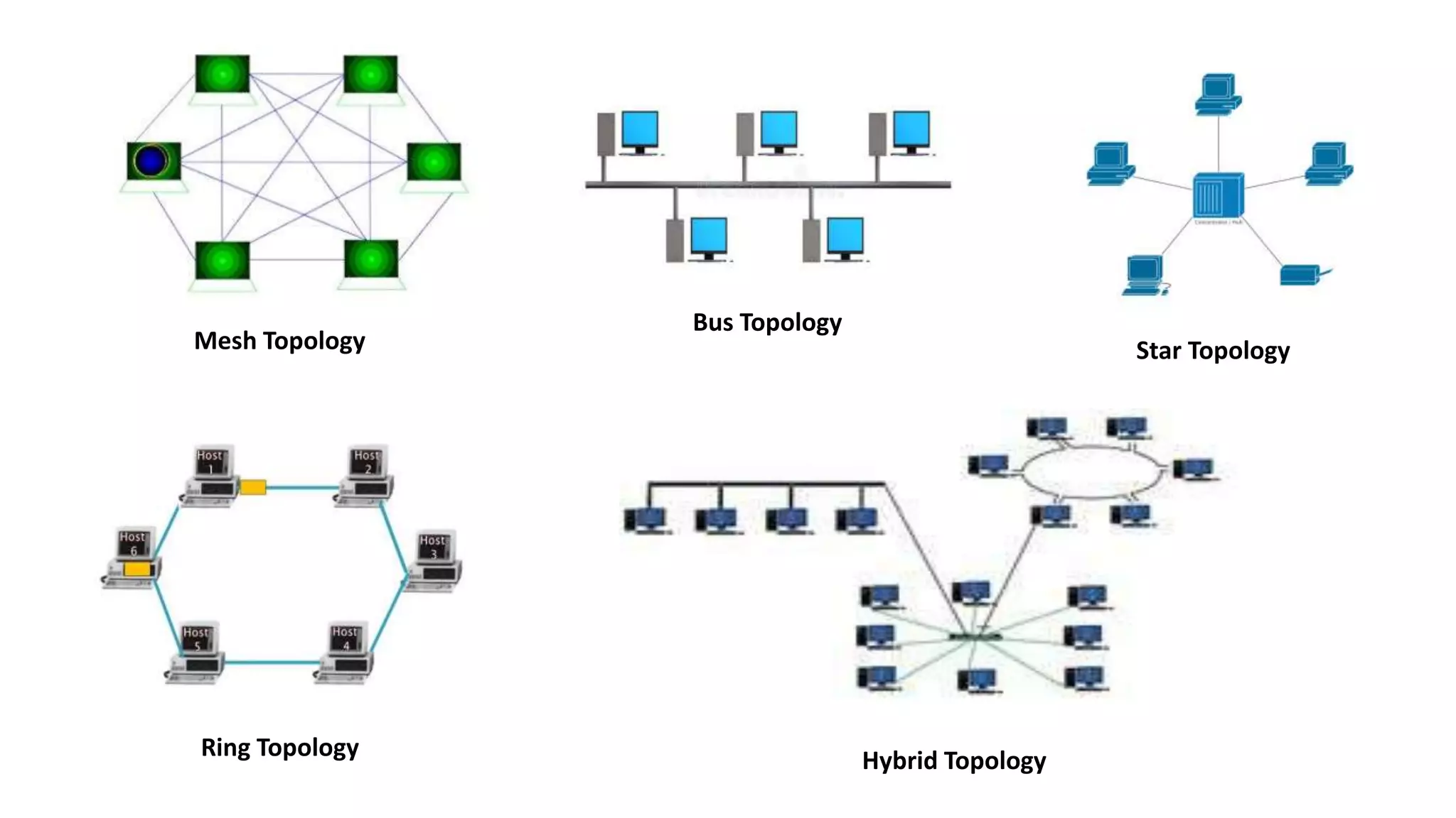 Bus Topology
Mesh Topology Star Topology
Hybrid TopologyRing Topology
 