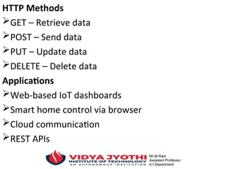HTTP Methods
GET – Retrieve data
POST – Send data
PUT – Update data
DELETE – Delete data
Applications
Web-based IoT dashboards
Smart home control via browser
Cloud communication
REST APIs
 