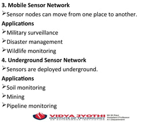3. Mobile Sensor Network
Sensor nodes can move from one place to another.
Applications
Military surveillance
Disaster management
Wildlife monitoring
4. Underground Sensor Network
Sensors are deployed underground.
Applications
Soil monitoring
Mining
Pipeline monitoring
 