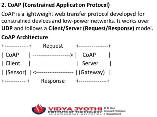 2. CoAP (Constrained Application Protocol)
CoAP is a lightweight web transfer protocol developed for
constrained devices and low-power networks. It works over
UDP and follows a Client/Server (Request/Response) model.
CoAP Architecture
+-------------+ Request +----------------+
| CoAP | --------------------> | CoAP |
| Client | | Server |
| (Sensor) | <-------------------- | (Gateway) |
+------------+ Response +---------------+
 