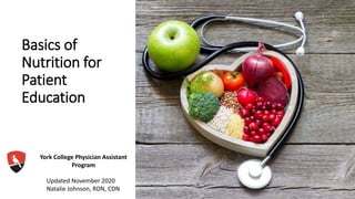 Basics of
Nutrition for
Patient
Education
Education
Updated November 2020
Natalie Johnson, RDN, CDN
York College Physician Assistant
Program
 