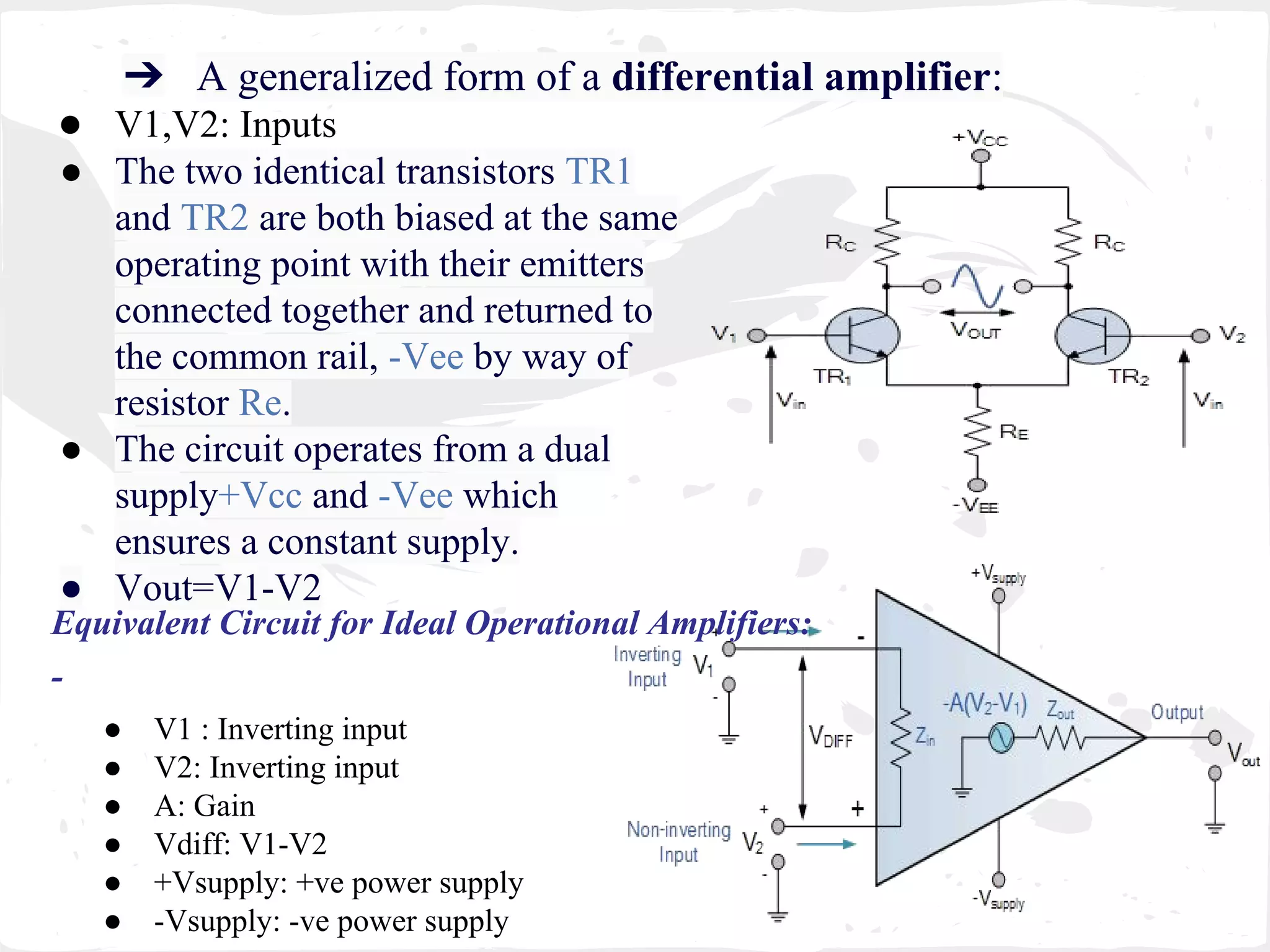 ➔ A generalized form of a differential amplifier:
● V1,V2: Inputs
● The two identical transistors TR1
and TR2 are both biased at the same
operating point with their emitters
connected together and returned to
the common rail, -Vee by way of
resistor Re.
● The circuit operates from a dual
supply+Vcc and -Vee which
ensures a constant supply.
● Vout=V1-V2
Equivalent Circuit for Ideal Operational Amplifiers:
-
● V1 : Inverting input
● V2: Inverting input
● A: Gain
● Vdiff: V1-V2
● +Vsupply: +ve power supply
● -Vsupply: -ve power supply
 