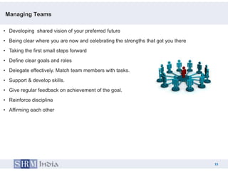 Managing Teams

• Developing shared vision of your preferred future
• Being clear where you are now and celebrating the st...