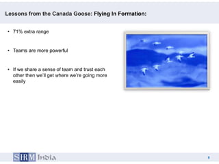 Lessons from the Canada Goose: Flying In Formation:


• 71% extra range


• Teams are more powerful


• If we share a sens...