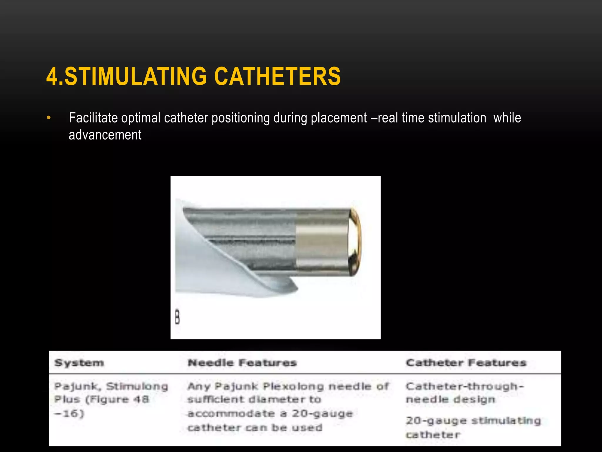 4.STIMULATING CATHETERS
• Facilitate optimal catheter positioning during placement –real time stimulation while
advancement
 