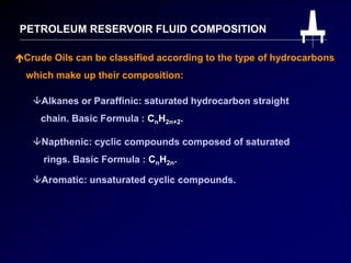 PETROLEUM RESERVOIR FLUID COMPOSITION
Crude Oils can be classified according to the type of hydrocarbons
which make up their composition:
Alkanes or Paraffinic: saturated hydrocarbon straight
chain. Basic Formula : CnH2n+2.
Napthenic: cyclic compounds composed of saturated
rings. Basic Formula : CnH2n.
Aromatic: unsaturated cyclic compounds.
 
