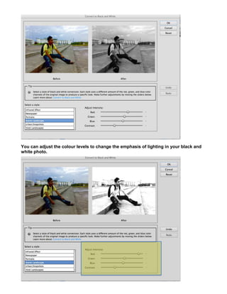 You can adjust the colour levels to change the emphasis of lighting in your black and
white photo.

 