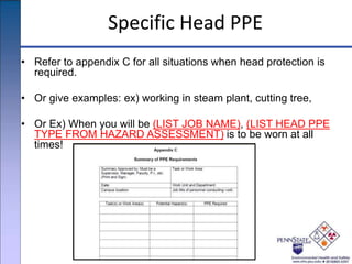 Specific Head PPE
• Refer to appendix C for all situations when head protection is
required.
• Or give examples: ex) working in steam plant, cutting tree,
• Or Ex) When you will be (LIST JOB NAME), (LIST HEAD PPE
TYPE FROM HAZARD ASSESSMENT) is to be worn at all
times!
 