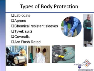 Types of Body Protection
Lab coats
Aprons
Chemical resistant sleeves
Tyvek suits
Coveralls
Arc Flash Rated
 