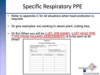 Specific Respiratory PPE
• Refer to appendix C for all situations when head protection is
required.
• Or give examples: ex) working in steam plant, cutting tree,
• Or Ex) When you will be (LIST JOB NAME), (LIST HEAD PPE
TYPE FROM HAZARD ASSESSMENT) is to be worn at all
times!
 