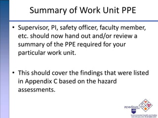 Summary of Work Unit PPE
• Supervisor, PI, safety officer, faculty member,
etc. should now hand out and/or review a
summary of the PPE required for your
particular work unit.
• This should cover the findings that were listed
in Appendix C based on the hazard
assessments.
 