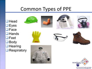 Common Types of PPE
Head
Eyes
Face
Hands
Feet
Body
Hearing
Respiratory
 