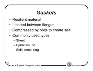 22
Gaskets
• Resilient material
• Inserted between flanges
• Compressed by bolts to create seal
• Commonly used types
– Sh...