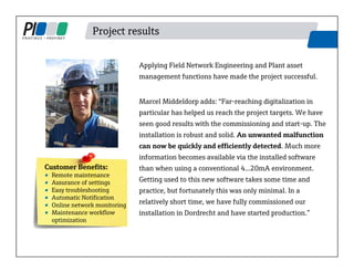 Project results
Applying Field Network Engineering and Plant asset
management functions have made the project successful.
Marcel Middeldorp adds: “Far-reaching digitalization in
particular has helped us reach the project targets. We have
seen good results with the commissioning and start-up. The
installation is robust and solid. An unwanted malfunction
can now be quickly and efficiently detected. Much more
information becomes available via the installed software
than when using a conventional 4...20mA environment.
Getting used to this new software takes some time and
practice, but fortunately this was only minimal. In a
relatively short time, we have fully commissioned our
installation in Dordrecht and have started production.”
Customer Benefits:
• Remote maintenance
• Assurance of settings
• Easy troubleshooting
• Automatic Notification
• Online network monitoring
• Maintenance workflow
optimization
 