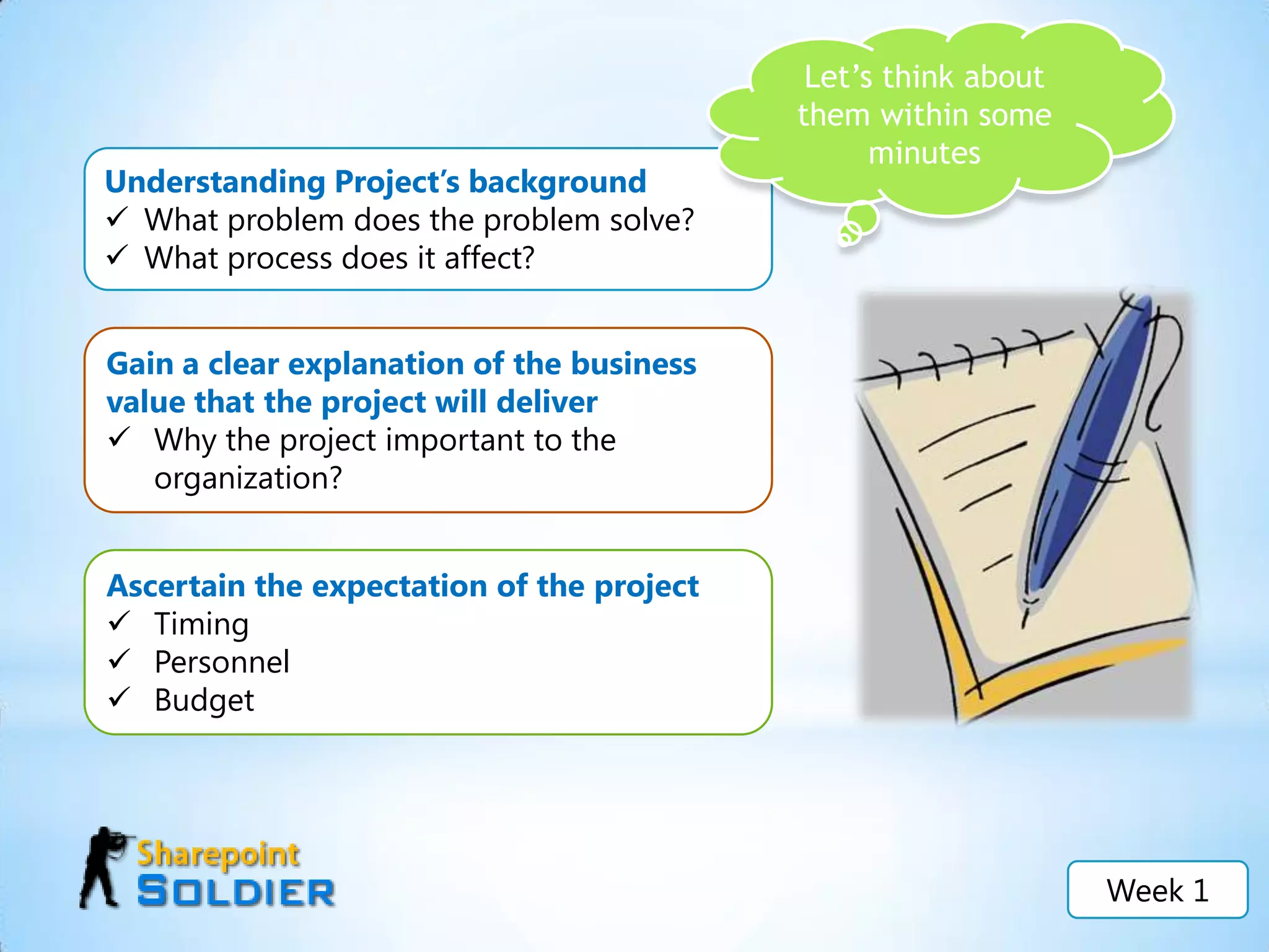 Obtain financial aid for your child’s college educationLife is a project. Do you think?A project is a unique job with a specific goal, clear-cut starting and endingdates, and—in most cases—a budget.Week 1