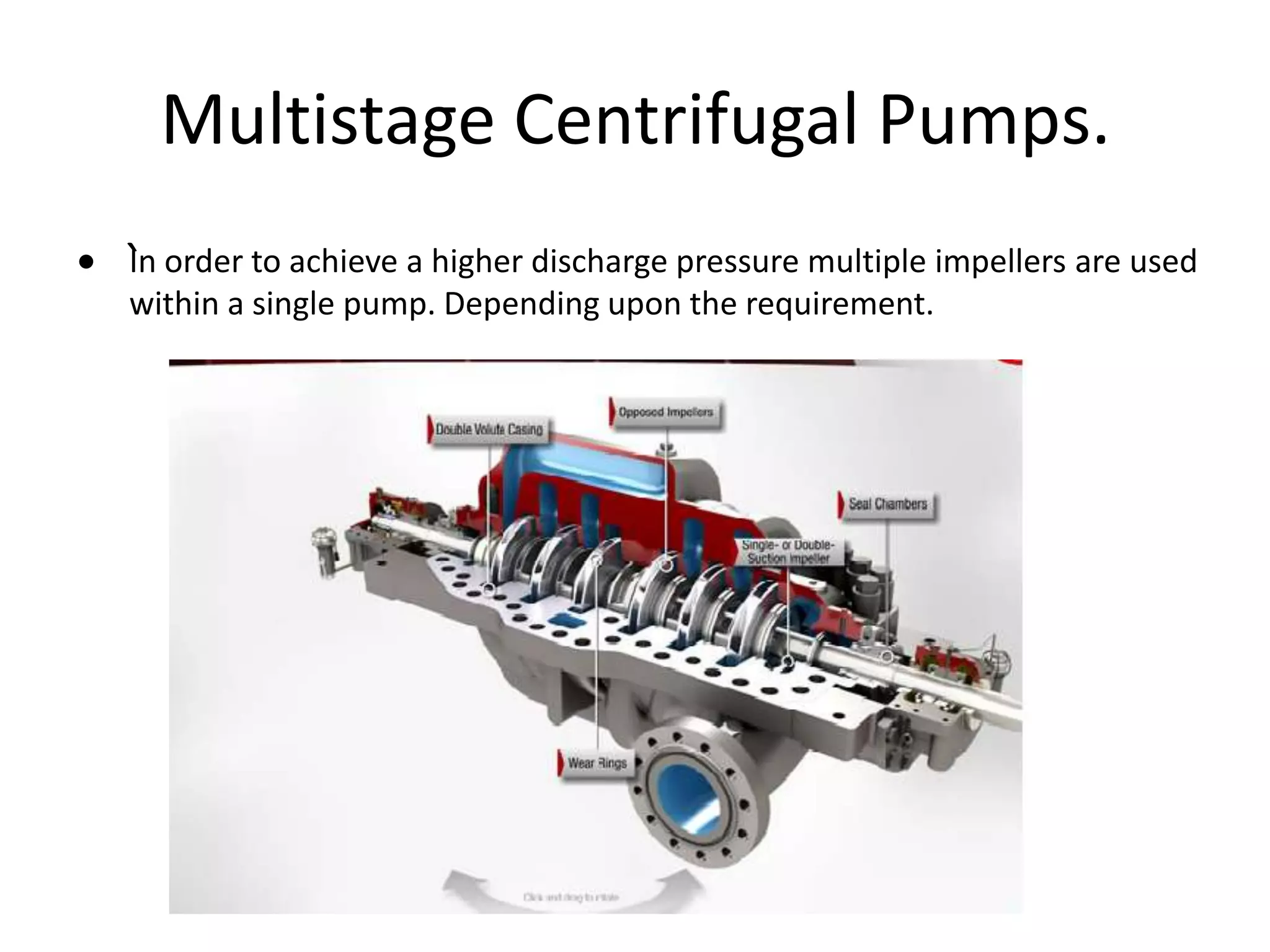 Multistage Centrifugal Pumps.
In order to achieve a higher discharge pressure multiple impellers are used
within a single pump. Depending upon the requirement.
• `
 