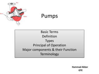 Pumps
Basic Terms
Definition
Types
Principal of Operation
Major components & their Function
Terminology
Hammad Akber
GTE
 